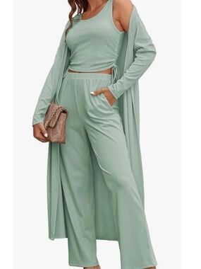 Women's Sage Green Lounge Pants Set with Duster